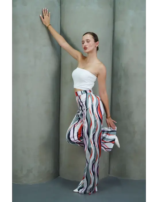 Yüksek Bel Uzun Çok Renkli Baskılı Palazzo Pantolon Gri