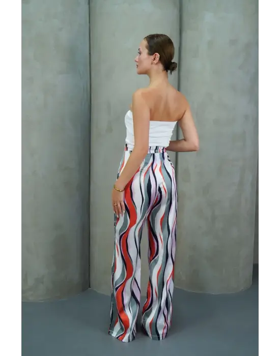 Yüksek Bel Uzun Çok Renkli Baskılı Palazzo Pantolon Gri