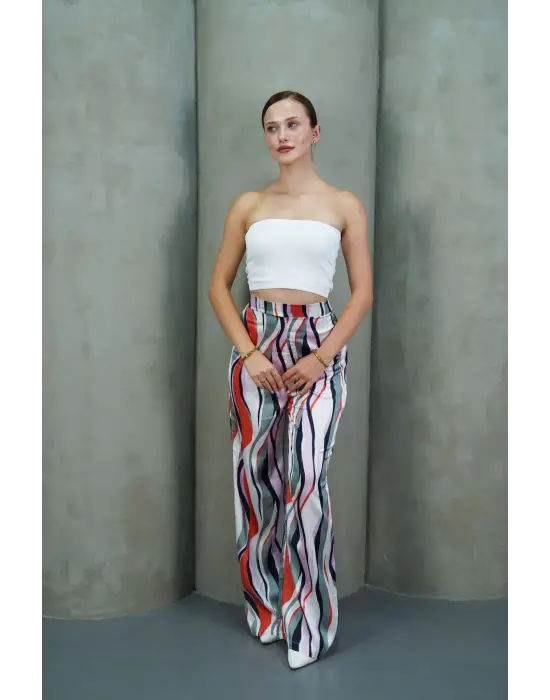 Yüksek Bel Uzun Çok Renkli Baskılı Palazzo Pantolon Gri