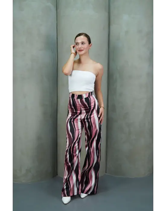 Yüksek Bel Uzun Çok Renkli Baskılı Palazzo Pantolon Pembe
