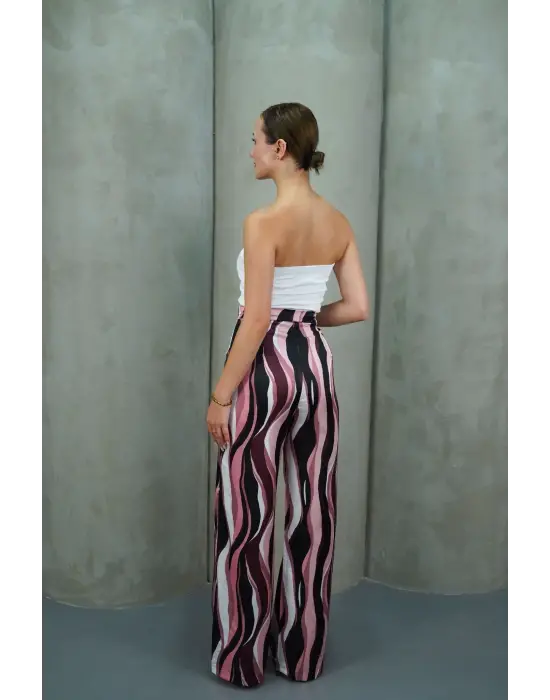 Yüksek Bel Uzun Çok Renkli Baskılı Palazzo Pantolon Pembe