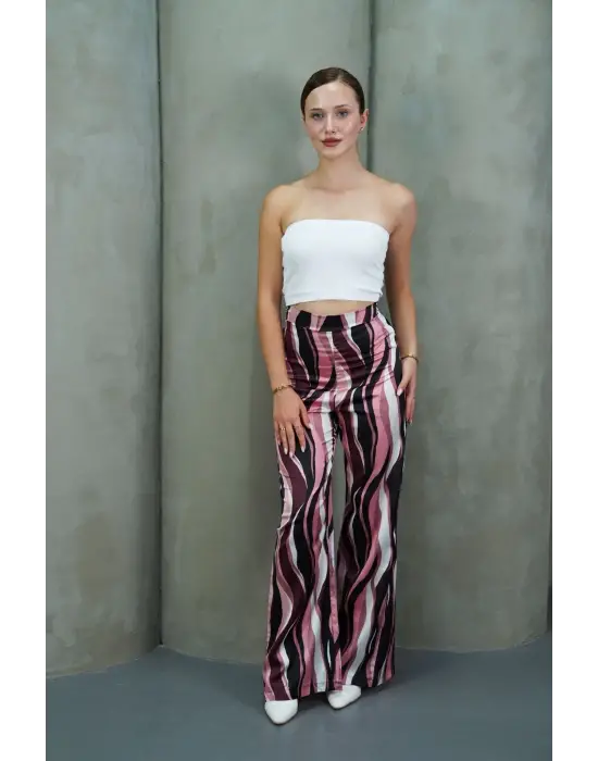 Yüksek Bel Uzun Çok Renkli Baskılı Palazzo Pantolon Pembe