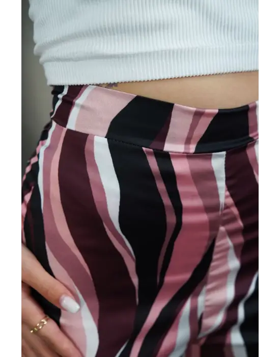 Yüksek Bel Uzun Çok Renkli Baskılı Palazzo Pantolon Pembe