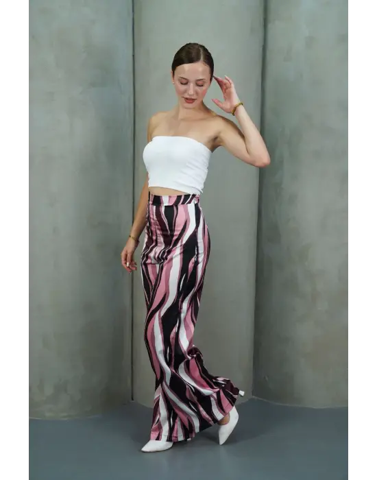 Yüksek Bel Uzun Çok Renkli Baskılı Palazzo Pantolon Pembe