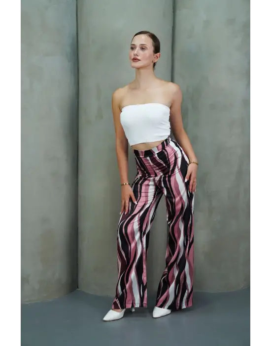 Yüksek Bel Uzun Çok Renkli Baskılı Palazzo Pantolon Pembe