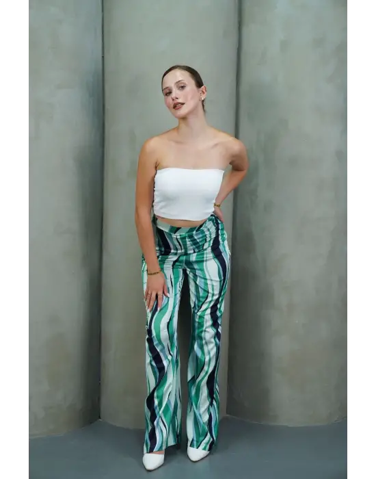 Yüksek Bel Uzun Çok Renkli Baskılı Palazzo Pantolon Yeşil