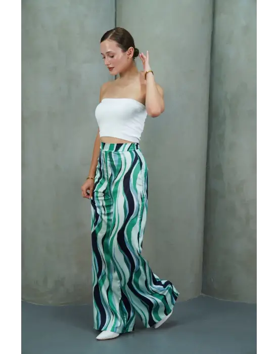 Yüksek Bel Uzun Çok Renkli Baskılı Palazzo Pantolon Yeşil