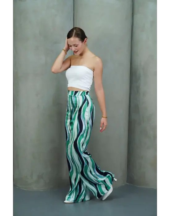 Yüksek Bel Uzun Çok Renkli Baskılı Palazzo Pantolon Yeşil