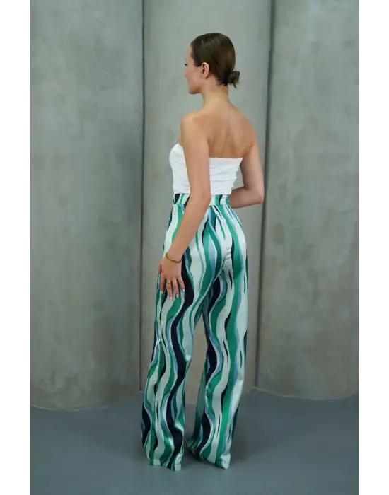 Yüksek Bel Uzun Çok Renkli Baskılı Palazzo Pantolon Yeşil