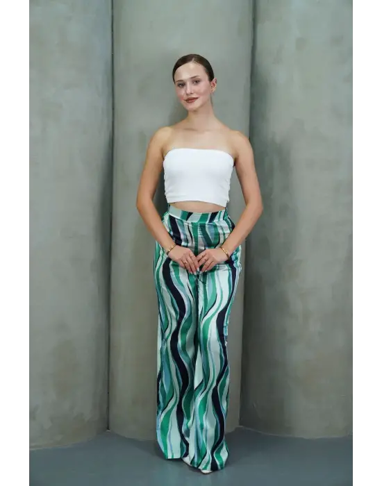 Yüksek Bel Uzun Çok Renkli Baskılı Palazzo Pantolon Yeşil