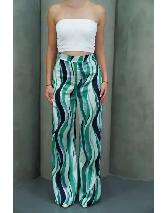 Yüksek Bel Uzun Çok Renkli Baskılı Palazzo Pantolon Yeşil