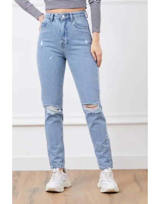 Yüksek Bel Yırtmaçlı Mom Jean Pantolon