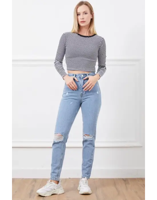 Yüksek Bel Yırtmaçlı Mom Jean Pantolon