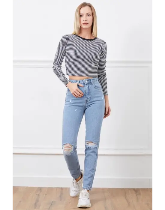 Yüksek Bel Yırtmaçlı Mom Jean Pantolon