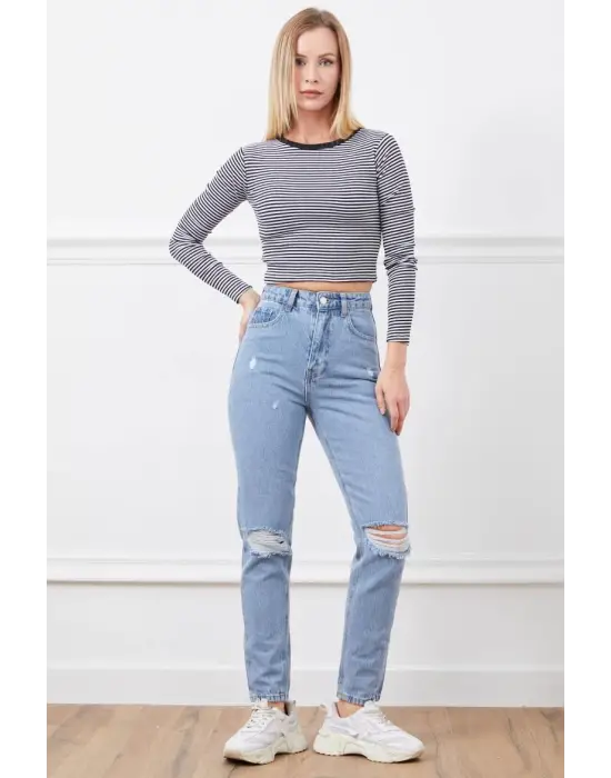 Yüksek Bel Yırtmaçlı Mom Jean Pantolon