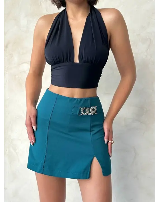 Zincirli Şort Etek Petrol Yeşili S24676