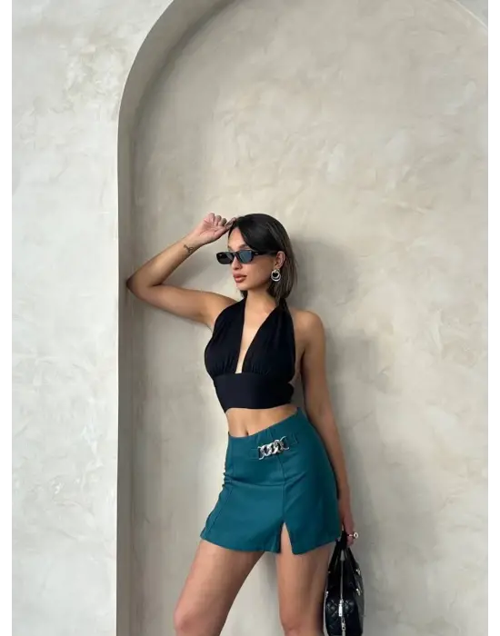 Zincirli Şort Etek Petrol Yeşili S24676