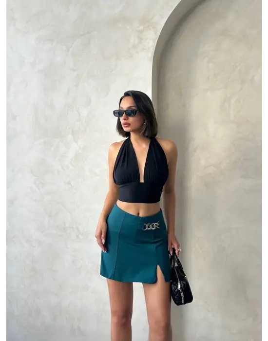 Zincirli Şort Etek Petrol Yeşili S24676