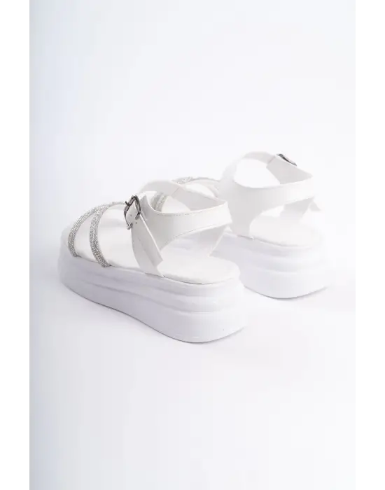Zlohe Kalın Tokalı Taşlı Şeritli Ortopedik Taban Kadın Sandalet Bt - Beyaz