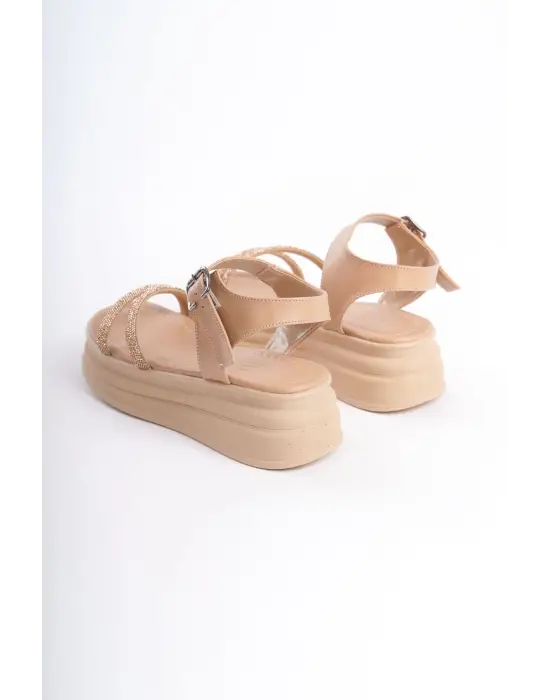 Zlohe Kalın Tokalı Taşlı Şeritli Ortopedik Taban Kadın Sandalet Tt - Ten