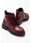 02-2001 Bordo Kırışık Rugan Bağcıklı Fermuarlı Günlük Kadın Bot
