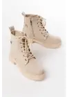 Bej Süet Bağcıklı Fermuarlı Günlük Kadın Bot
