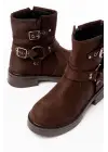 Kahverengi Süet Toka Aksesuarlı Fermuarlı Günlük Kadın Bot