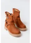Taba Süet Toka Aksesuarlı Fermuarlı Günlük Kadın Bot