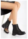 Siyah Cilt Leopar Bağcıklı Fermuarlı Günlük Kadın Bot
