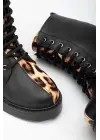 Siyah Cilt Leopar Bağcıklı Fermuarlı Günlük Kadın Bot