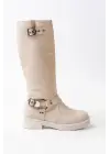 02-312 Bej Toka Aksesuarlı Fermuarlı Günlük Kadın Çizme