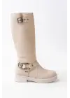 Bej Toka Aksesuarlı Fermuarlı Günlük Kadın Çizme