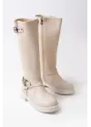 Bej Toka Aksesuarlı Fermuarlı Günlük Kadın Çizme