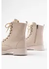 Bej Galata Düz Topuklu Bağcıklı Fermuarlı Günlük Kadın Bot