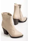 117 Bej Kovboy Dikiş Detaylı Fermuarlı  Yüksek Topuklu Günlük Kadın Bot