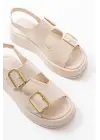 1187 Bej Dolgu Topuk Lastik Baretli  Kadın Sandalet