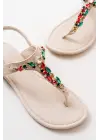 Bej Multi Taşlı Parmak Arası Kadın Sandalet