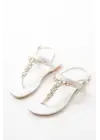 Beyaz Gümüş Taşlı Parmak Arası Kadın Sandalet