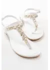 Beyaz Gümüş Taşlı Parmak Arası Kadın Sandalet