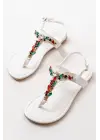 Beyaz Multi Taşlı Parmak Arası Kadın Sandalet