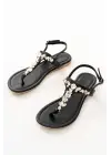 Siyah Gümüş Taşlı Parmak Arası Kadın Sandalet