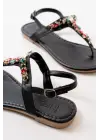 Siyah Multi Taşlı Parmak Arası Kadın Sandalet