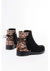 Siyah Leopar Arka Bağcık Aksesuarlı Fermuarlı Günlük Kadın Bot