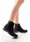Siyah Süet Taş Aksesuarlı Fermuarlı Günlük Kadın Bot