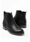 Siyah Taş Aksesuarlı Fermuarlı Günlük Kadın Bot
