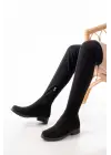 Streç Siyah Süet Diz Üstü Fermuarlı Günlük Kadın Çizme