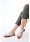 169-160 Beyaz  Örgülü Ortopedik Taban Parmak Arası Hakiki Deri Kadın Terlik
