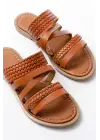 169-161 Taba Örgülü Ortopedik Taban Hakiki Deri Kadın Sandalet