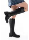 Siyah Toka Aksesuarlı Lastikli Fermuarlı Günlük Kadın Çizme