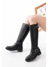 Siyah Toka Aksesuarlı Lastikli Fermuarlı Günlük Kadın Çizme